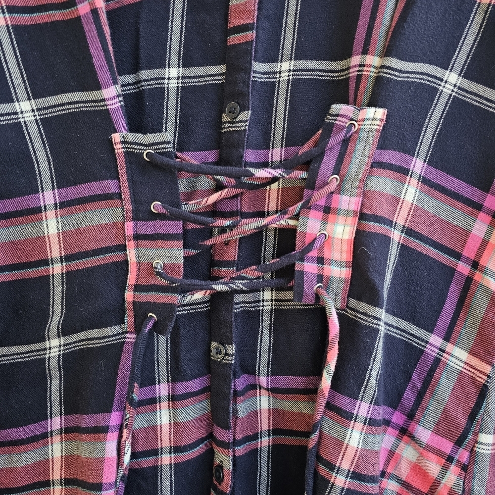 EXPRESS Pink Purple Plaid Flannel Corset Lace-Up Button-Down Shirt Size Small - Picture 5 of 12